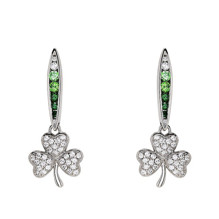 Green & White CZ Shamrock Earrings