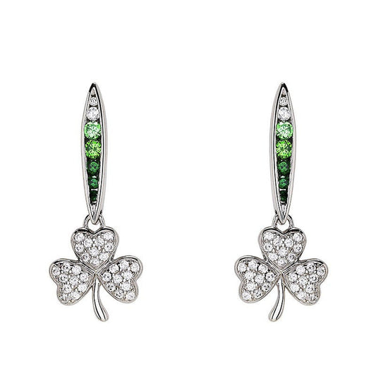 Green & White CZ Shamrock Earrings