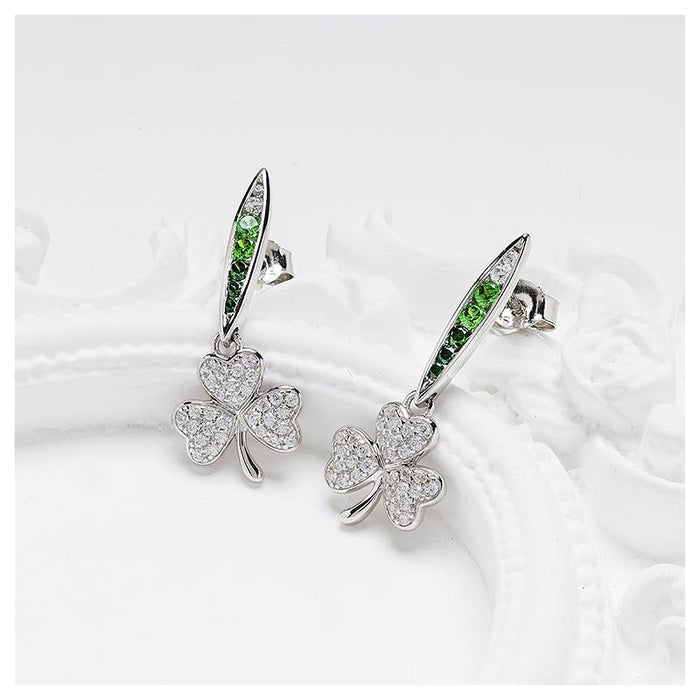 Green & White CZ Shamrock Earrings