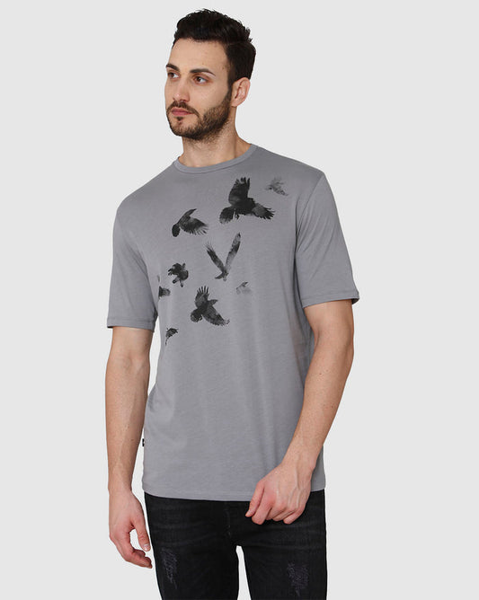 Grey Printed Crew Neck T-Shirt