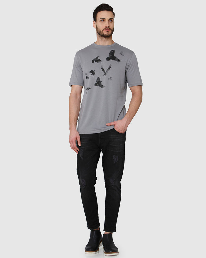 Grey Printed Crew Neck T-Shirt