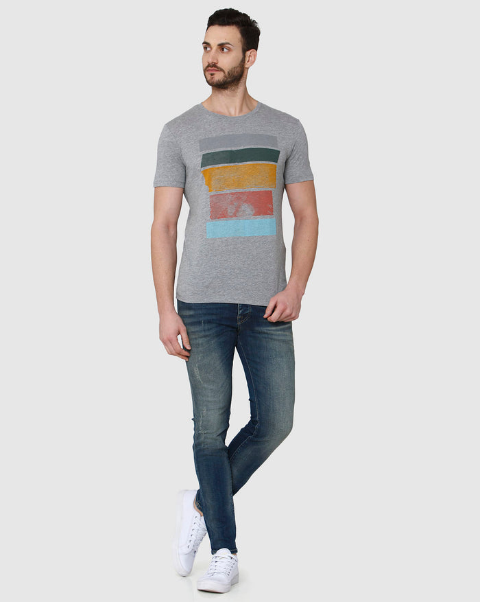 Grey Printed Crew Neck T-Shirt