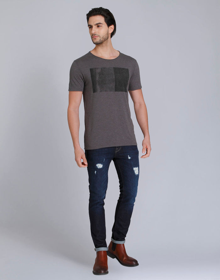 Grey Printed Crew Neck T-Shirt