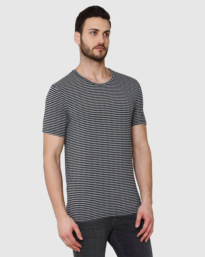 Grey Striped Crew Neck T-Shirt
