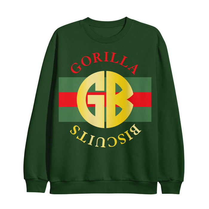 This Gorilla Biscuits dark green sweatshirt displays a gold GB logo at the center over red and green stripes, with Gorilla Biscuits curved around it—Biscuits appears upside down at the bottom.