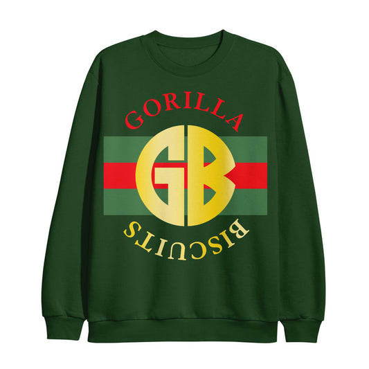 This Gorilla Biscuits dark green sweatshirt displays a gold GB logo at the center over red and green stripes, with Gorilla Biscuits curved around it—Biscuits appears upside down at the bottom.