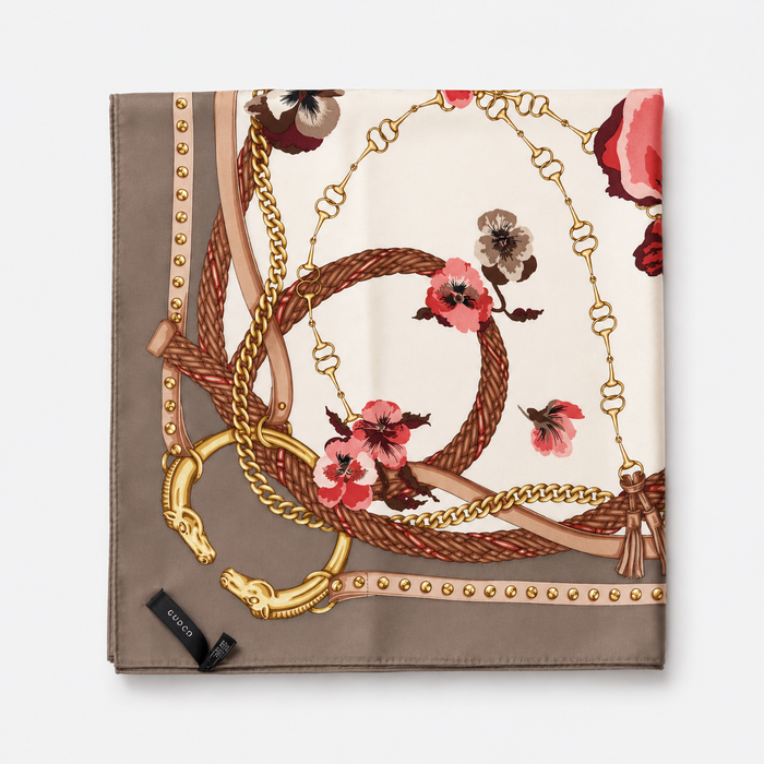 Gucci 100% Silk Carré Scarf in pastel browns & Pinks florals