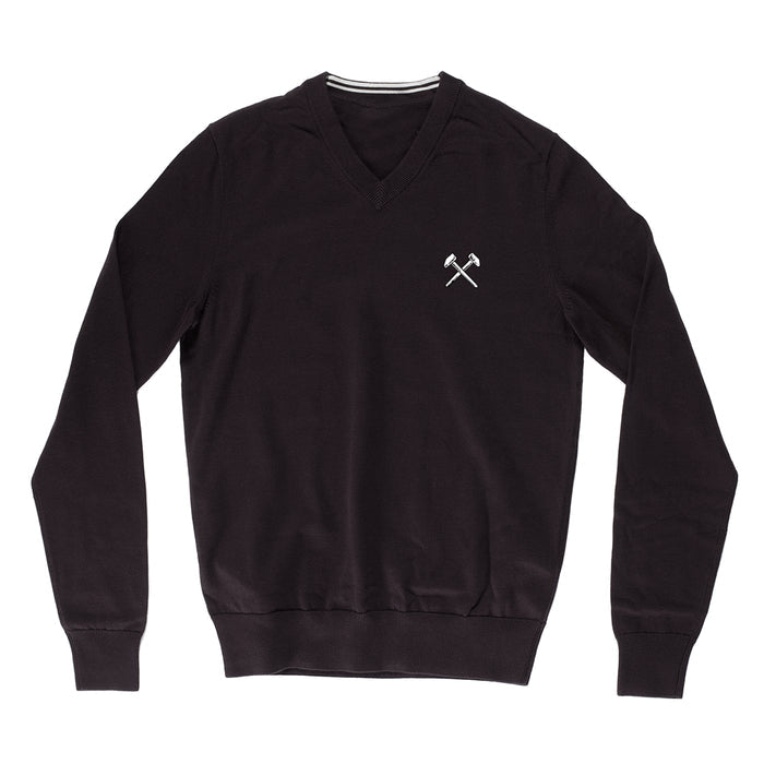 A Judge black V-neck sweater with long sleeves, ribbed cuffs and hem, and a small white crossed hammers emblem on the left chest.