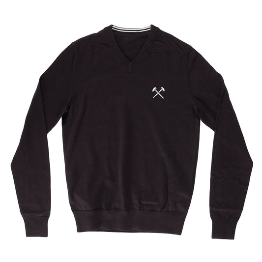 A Judge black V-neck sweater with long sleeves, ribbed cuffs and hem, and a small white crossed hammers emblem on the left chest.