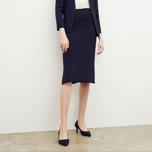 Front image of a woman wearing the harlem skirt in navy | Lead