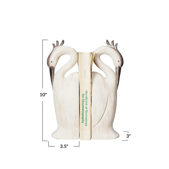 Decorative heron bookends with dimensions on a white background