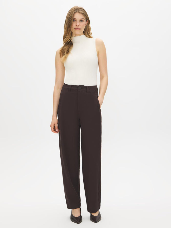 Coffee Bean High-Rise Barrel Leg Knit Pants - Full Front View - Suzy Shier