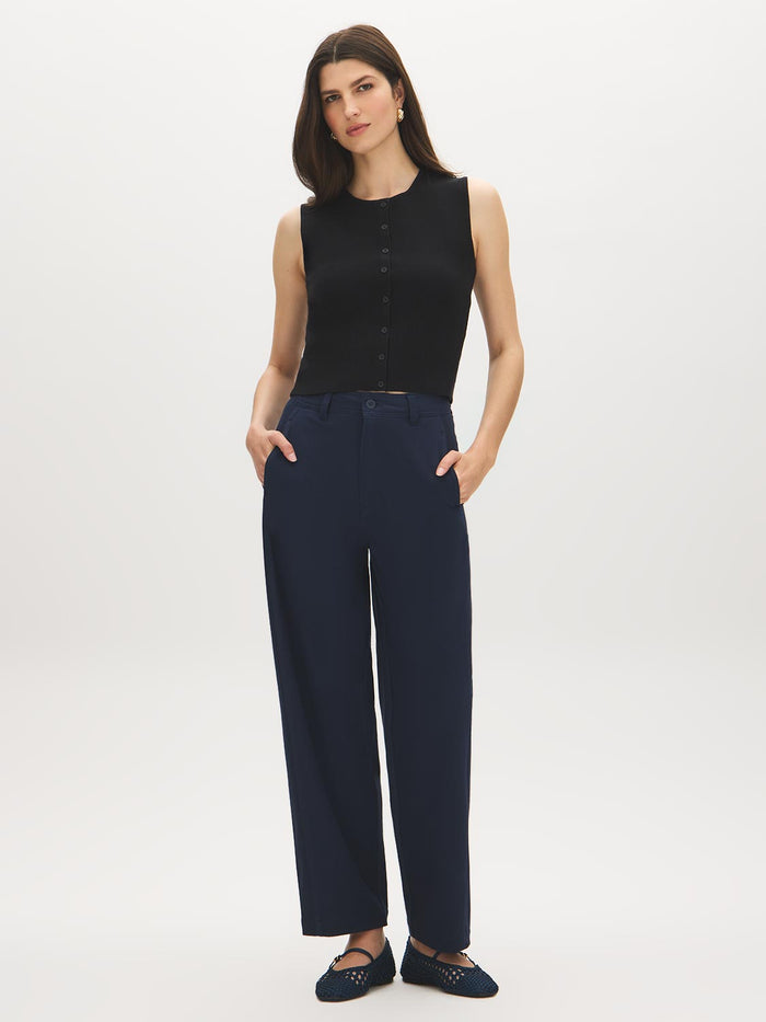 Navy High-Rise Barrel Leg Knit Pants - Woman Wearing Casual Pants with Side Seam Detail - Suzy Shier