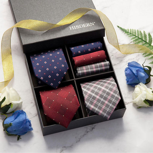 Hisdern 3-Piece Tie Set Red Navy Blue Wedding Accessory Gift Box Set