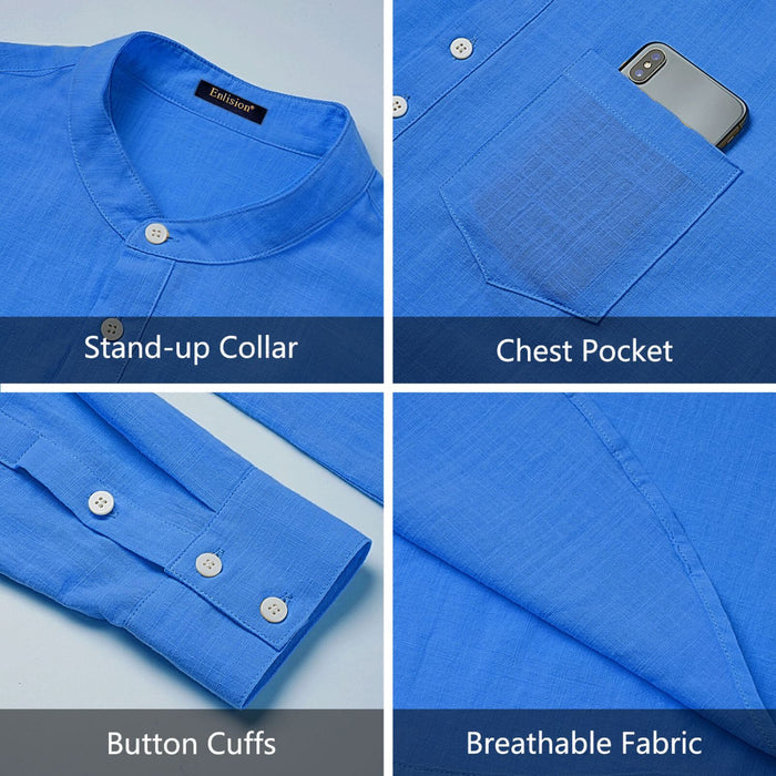 Hisdern Men's Blue Henley Long Sleeve Shirt Casual Button-Up Style