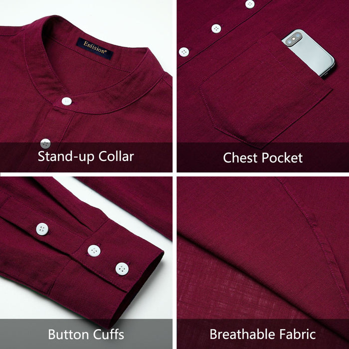 Hisdern Men's Burgundy Henley Long Sleeve Shirt Casual Button-Up Style