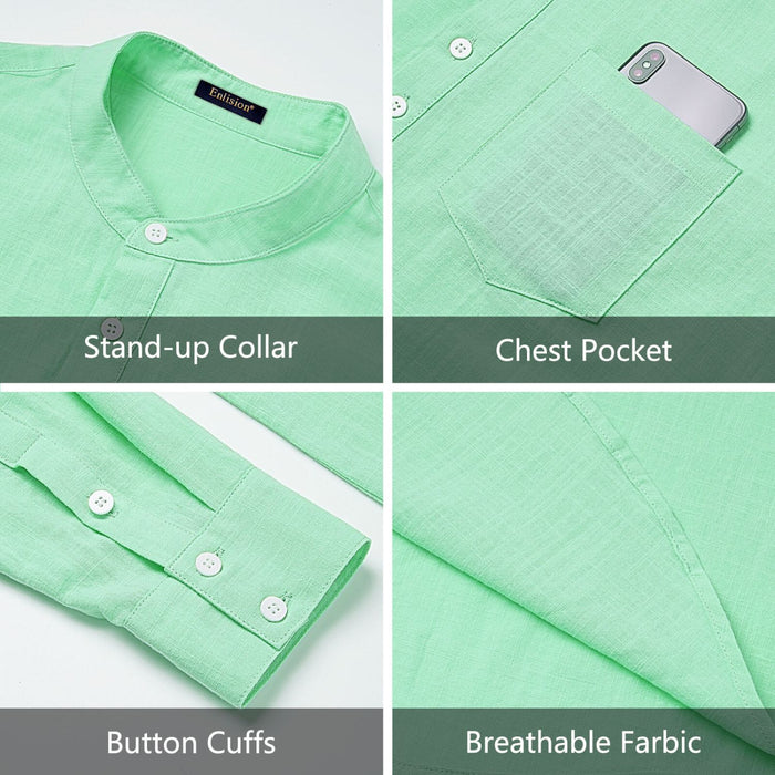 Hisdern Men's Green Henley Long Sleeve Shirt Casual Button-Up Style