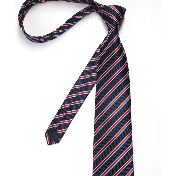 Stripe Tie Handkerchief Cufflinks - B03-NAVY BLUE/RED
