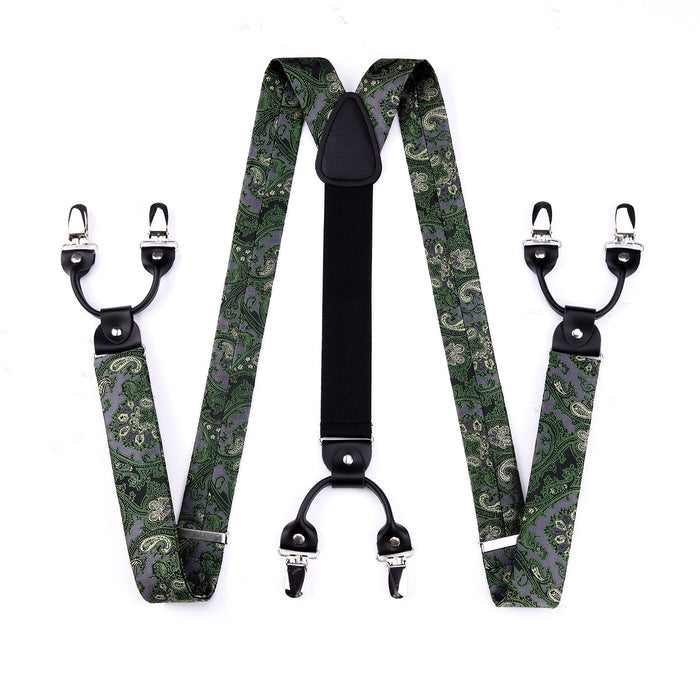 Paisley Floral Suspender Pre-Tied Bow Tie Handkerchief - D8-GREEN /GRAY