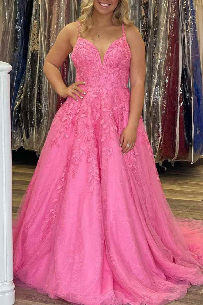 Hot Pink A-line Lace Appliques Prom Dress