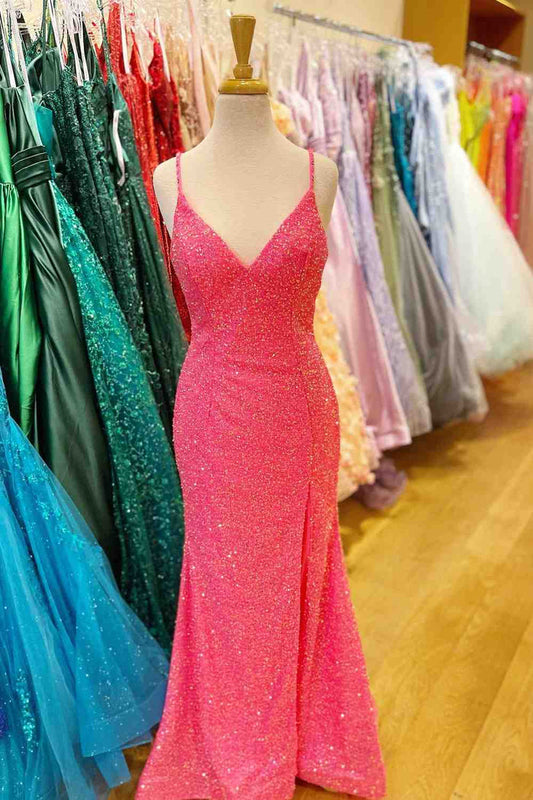 Hot Pink Mermaid V Neck Sequins Crossed Back Long Prom Dress with Slit