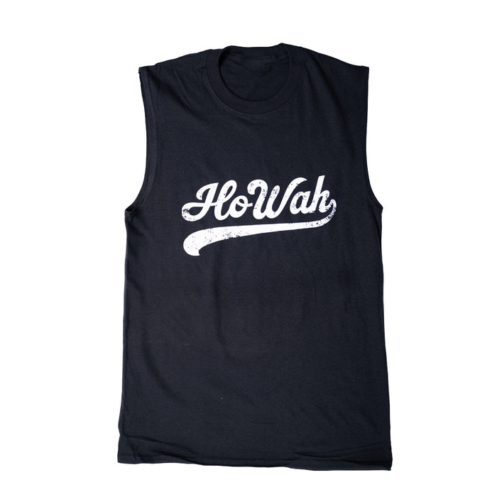 Black sleeveless shirt with 'HoWah' printed in white on a white background