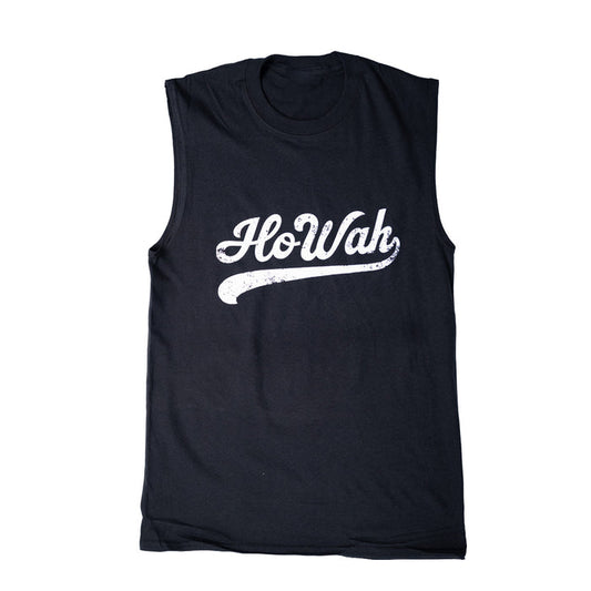 Black sleeveless shirt with 'HoWah' printed in white on a white background