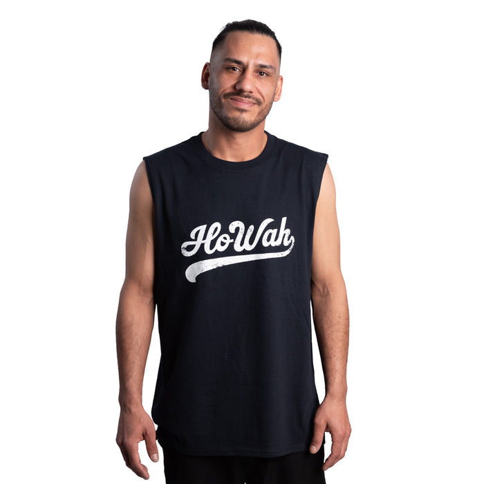 Man wearing a black sleeveless shirt with 'HoWah' logo on a white background
