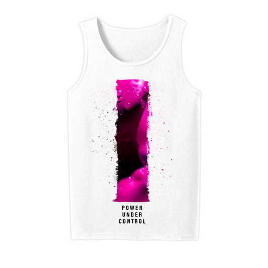 The Islander white tank top features a vertical magenta and black abstract design in the center, with POWER UNDER CONTROL printed below the artwork.