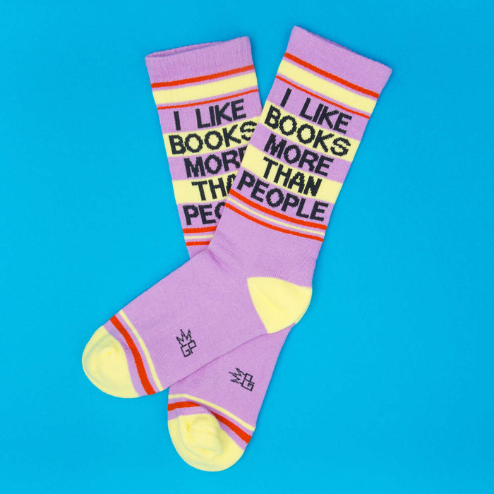 Purple socks with text on a blue background