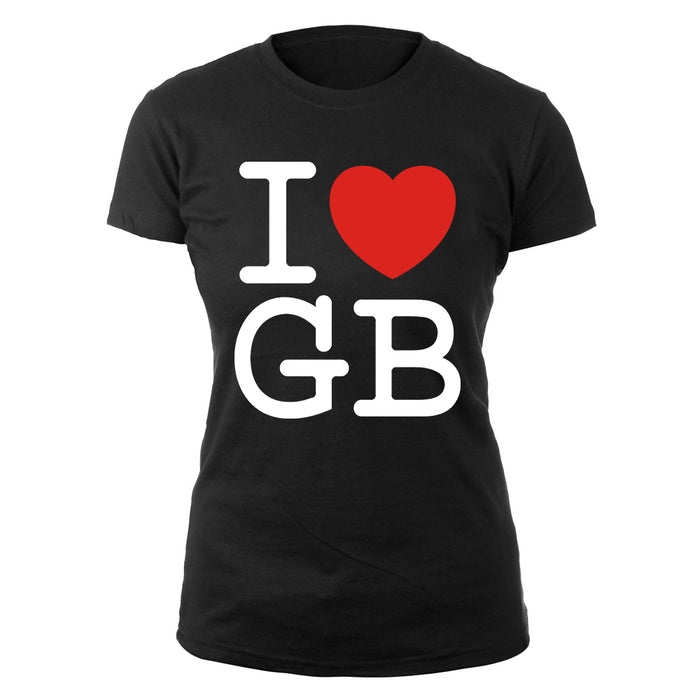 A black Gorilla Biscuits t-shirt featuring I ♥ GB on the front in white letters, with a red heart symbol.