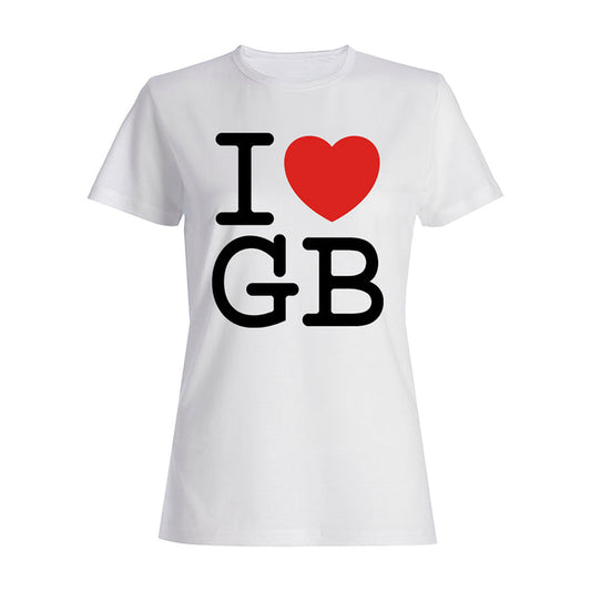 A white Gorilla Biscuits t-shirt featuring I ♥ GB on the front, with a red heart and black letters.