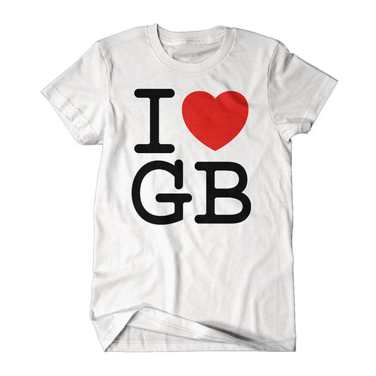 A white Gorilla Biscuits T-shirt with “I ❤️ GB” printed on it—the “I” and “GB” in black, and a bright red heart symbol replacing the word love.