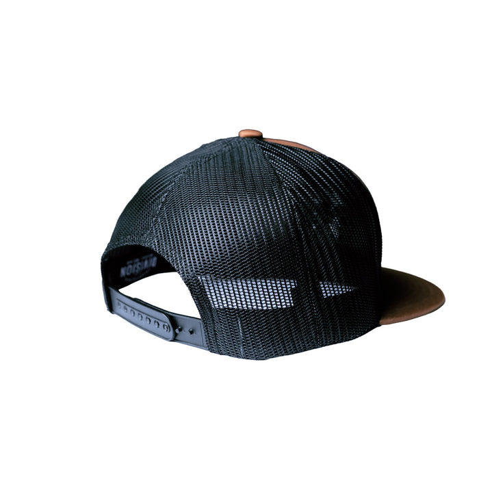 A black mesh back snapback cap with a brown flat brim and a brown button on top, shown from a three-quarters rear angle on a white background.