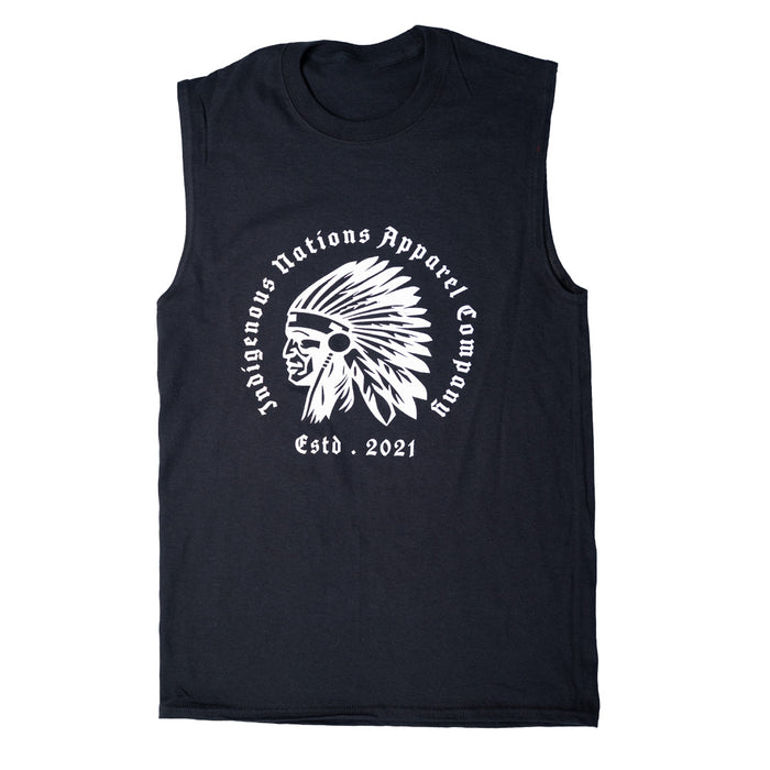 Black sleeveless shirt with white graphic and text on a white background