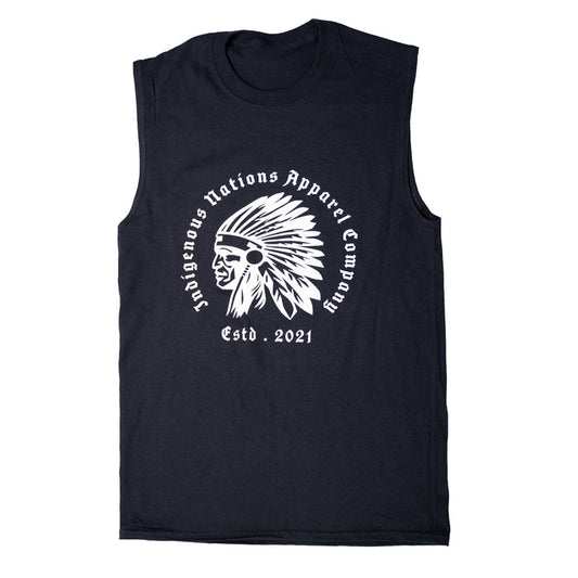 Black sleeveless shirt with white graphic and text on a white background