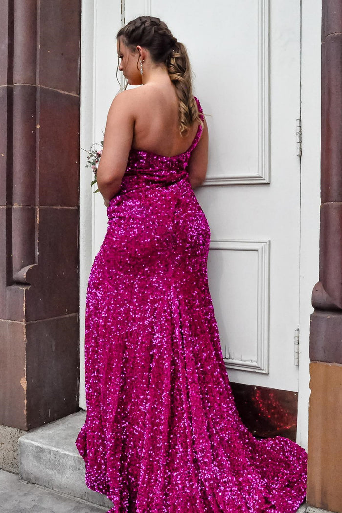 Ivory Mermaid One Shoulder Sequins Sweeping Long Prom Dress with Slit
