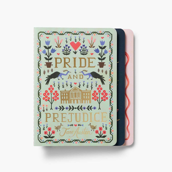 Notebook with 'Pride and Prejudice' design on a white background
