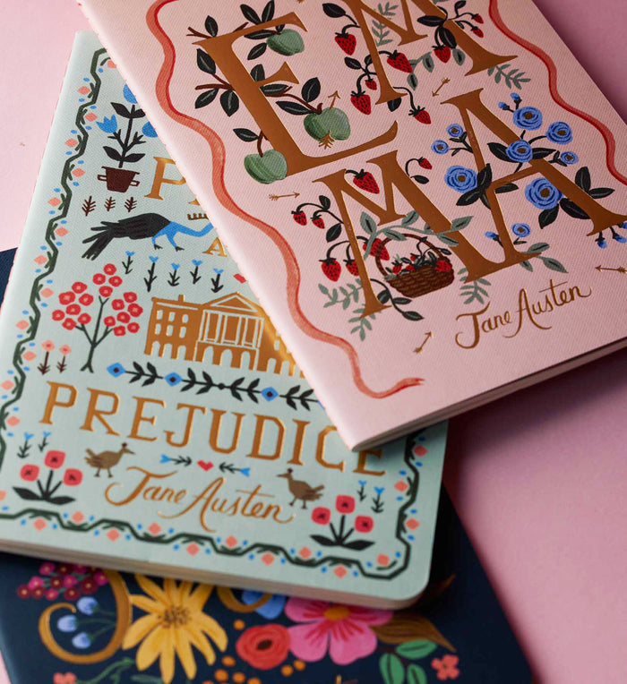 Three Jane Austen-themed colorful notebooks.