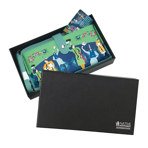 Colorful wallet with artistic design in a black box, featuring the Native Northwest logo.