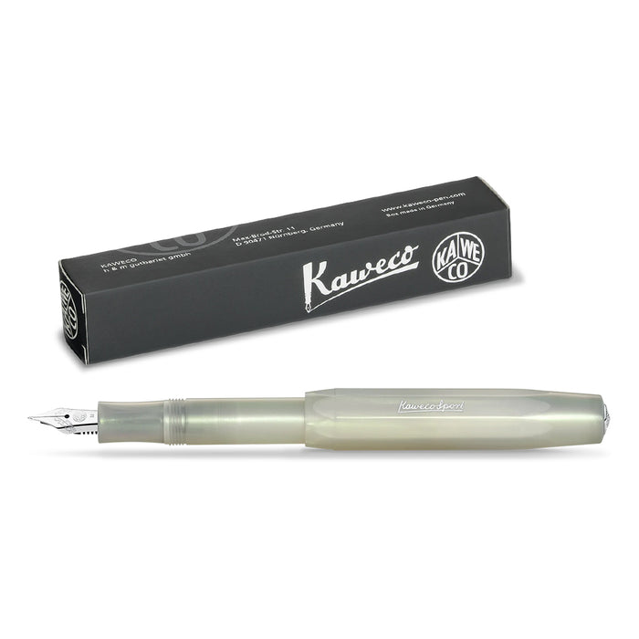 A translucent pale green Kaweco fountain pen shown horizontally in front of its black retail box on a white background.
