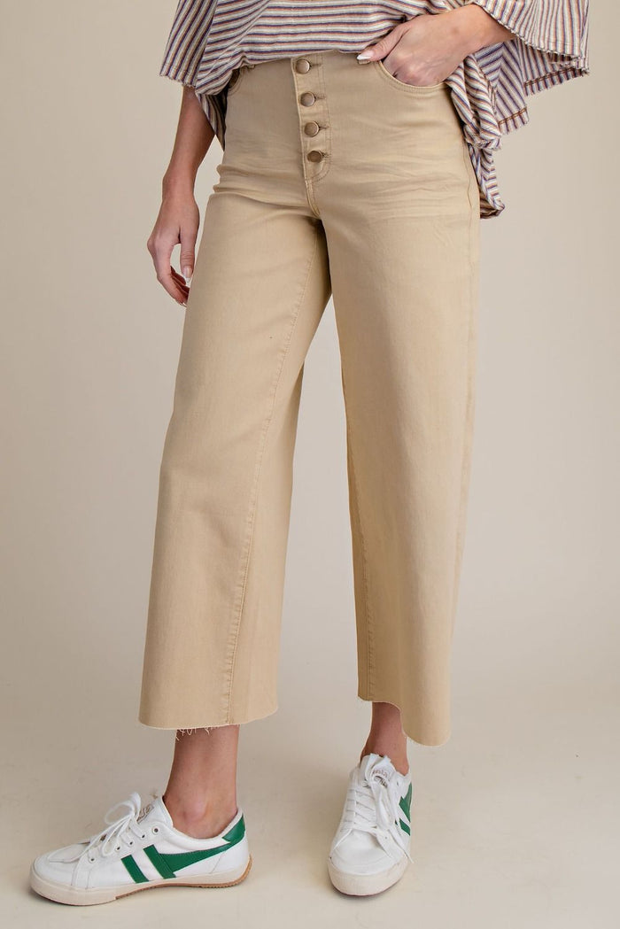 Khaki Button Front Stretch Twill Pants