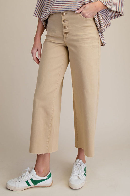 Khaki Button Front Stretch Twill Pants