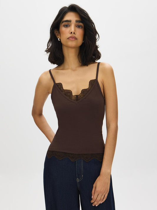 Charcoal Melange Spaghetti Strap Knit Tank with Lace Trim - Front View - Suzy Shier