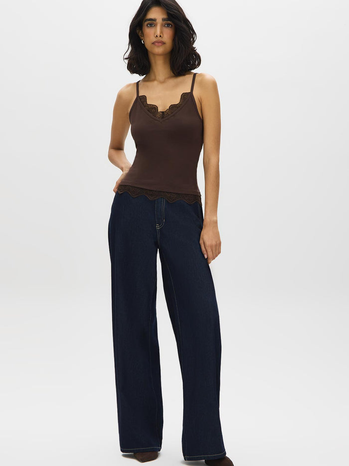 Charcoal Melange Spaghetti Strap Knit Tank with Lace Trim - Front View - Suzy Shier