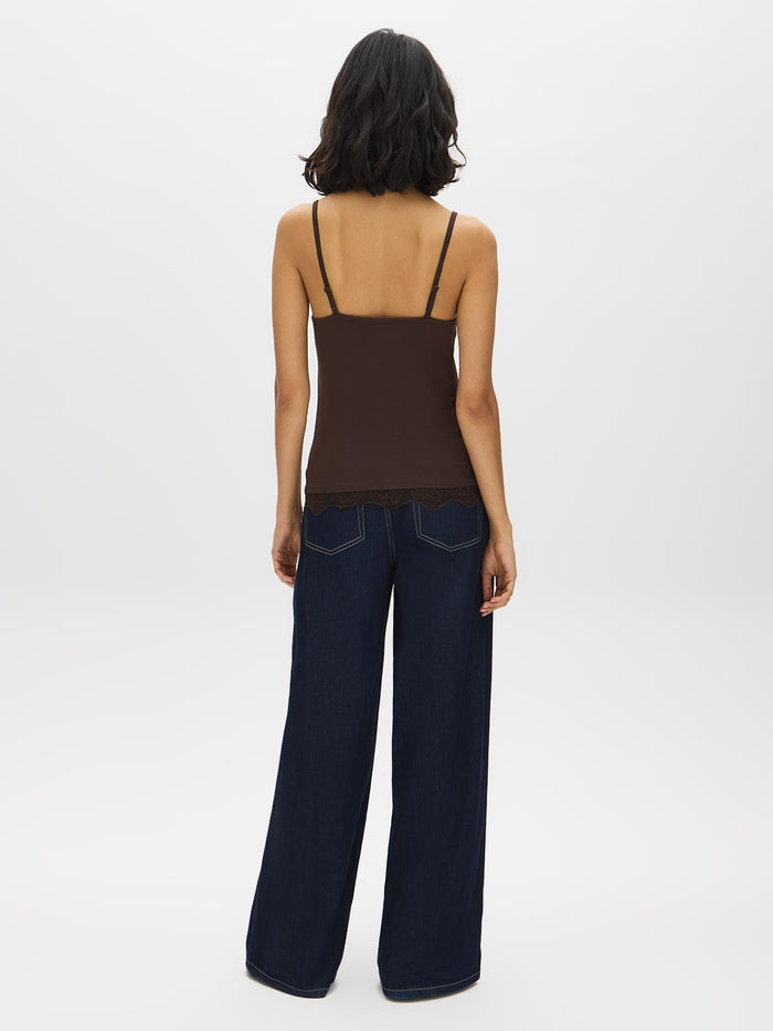 Charcoal Melange Spaghetti Strap Knit Tank with Lace Trim - Back View - Suzy Shier