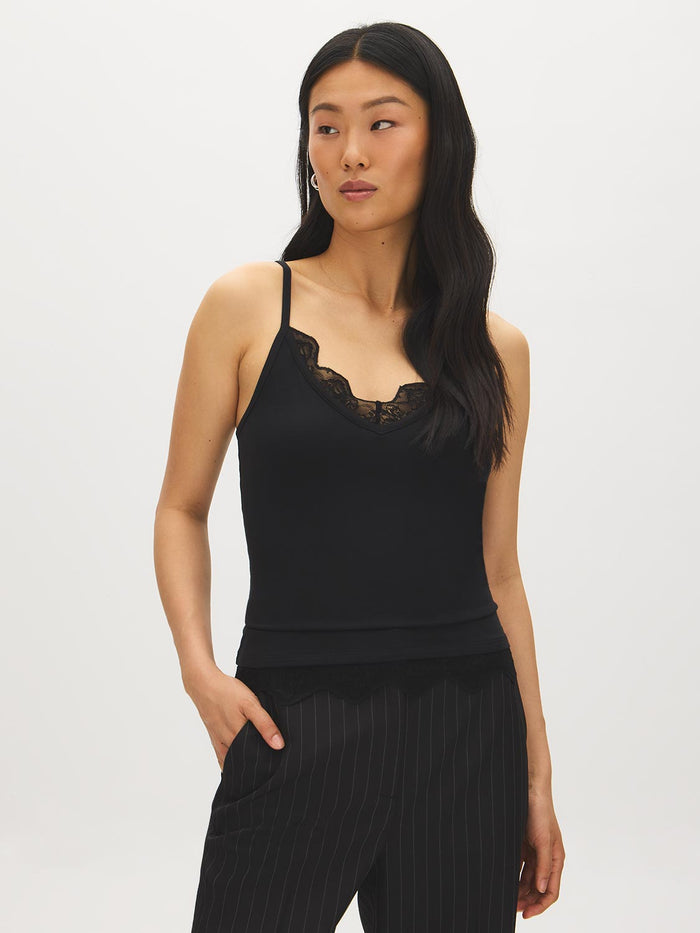 Charcoal Melange Spaghetti Strap Knit Tank with Lace Trim - Woman Wearing V-Neck Sleeveless Top - Suzy Shier