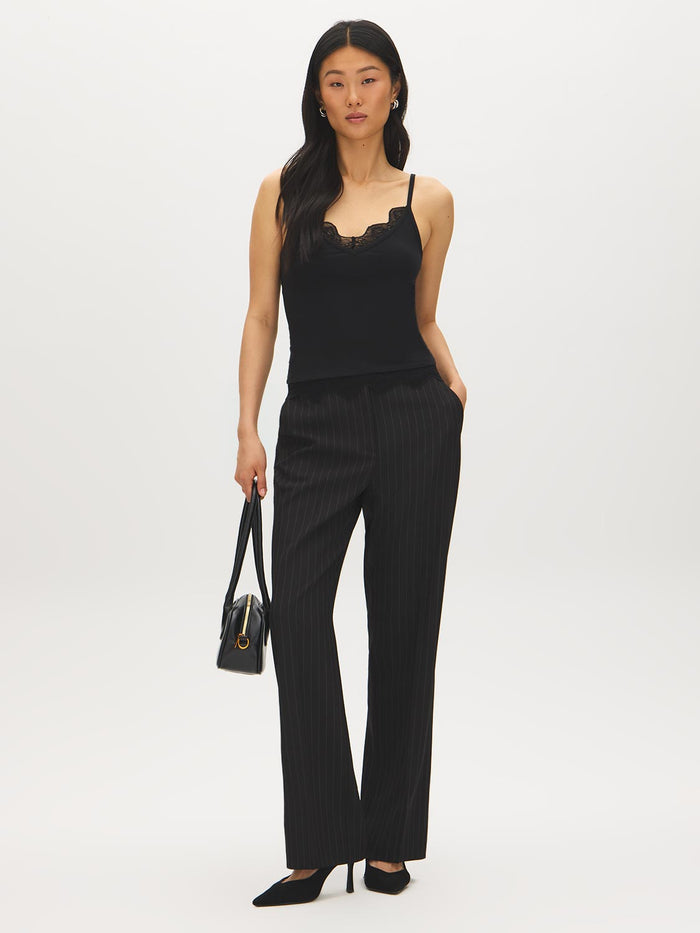 Charcoal Melange Spaghetti Strap Knit Tank with Lace Trim - Front View - Suzy Shier