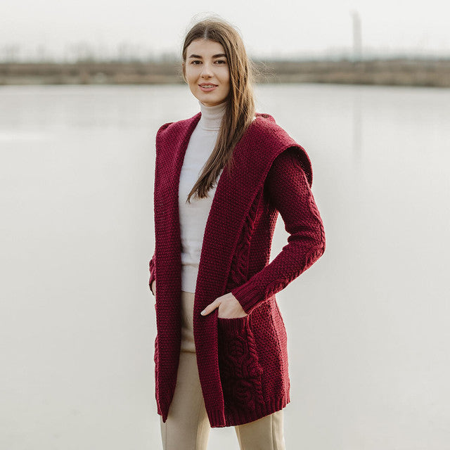 Ladies Classic Fit Long Cardigan - Red