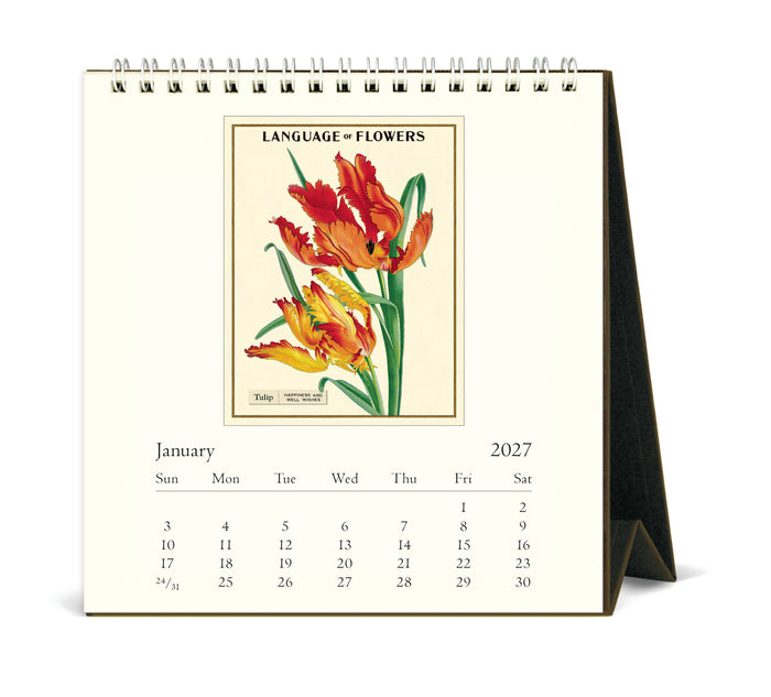 A spiral-bound desk calendar shown open to a January 2027 page, featuring a vintage-style floral illustration with the text 'LANGUAGE = FLOWERS' above the calendar.